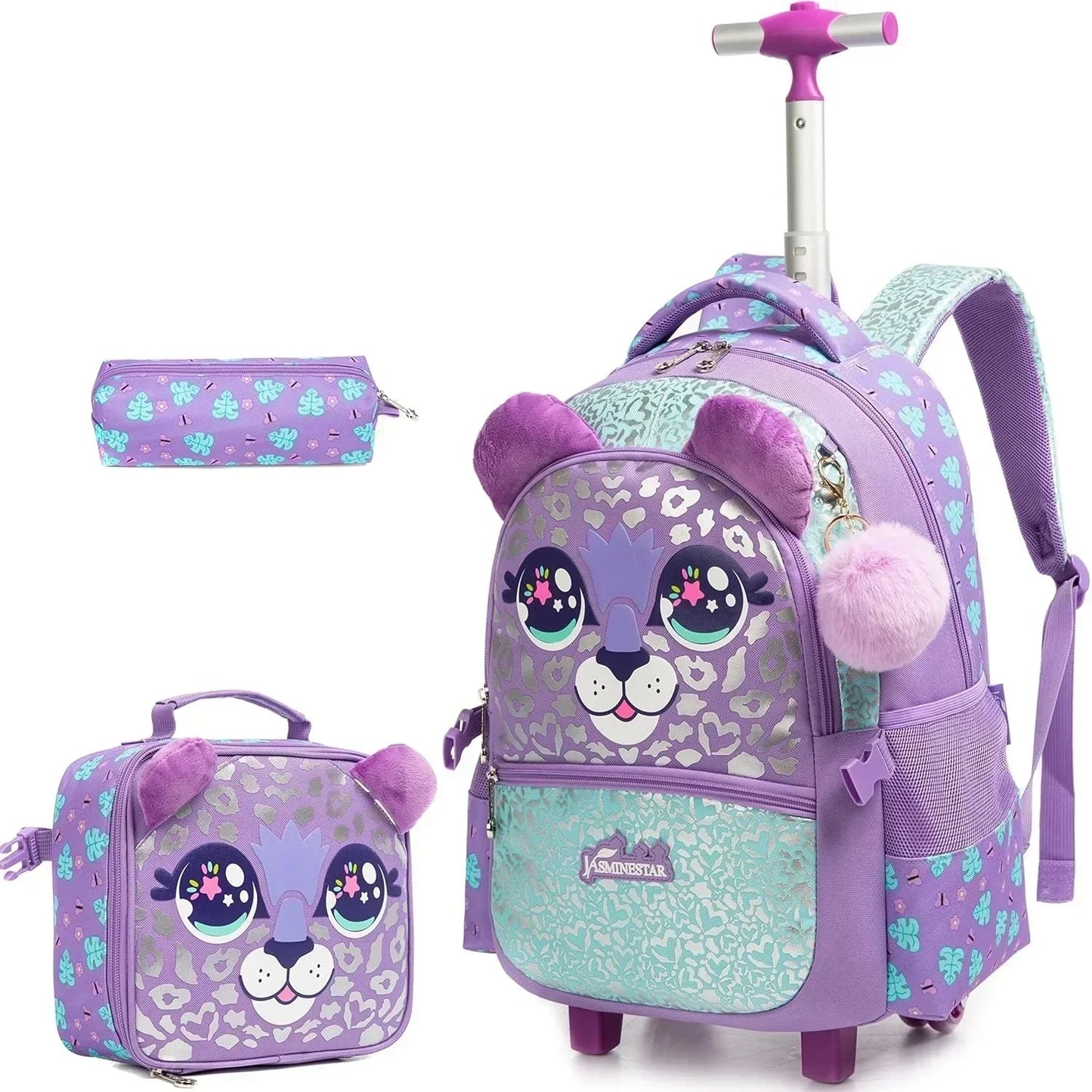 Kids Rolling Backpack with Wheels Durable School Travel Luggage for Girl Lightweight Carry-On Trolley Bag with Adjustable Handle