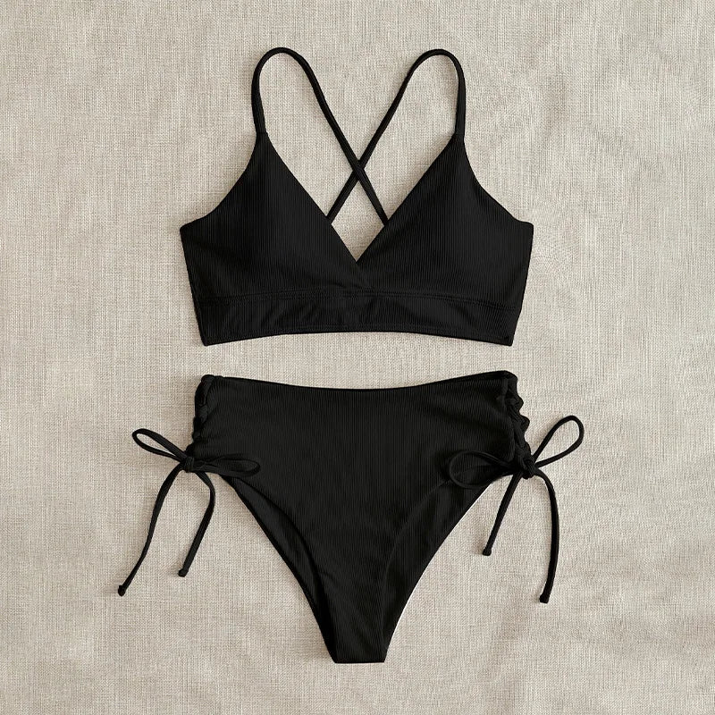 Sexy Solid V Neck Lace Up Bikinis 2 Piece Set Women Split Swimsuit High Waist Beach Bikinis 2025 New Summer Swimwear Bikinis Set