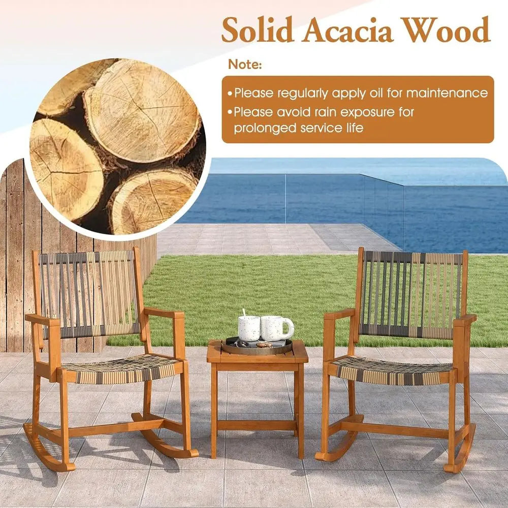 3-Piece Outdoor Patio Rocking Set with PE Rattan Chairs and Acacia Wood Coffee Table for Balcony, Garden, and Poolside