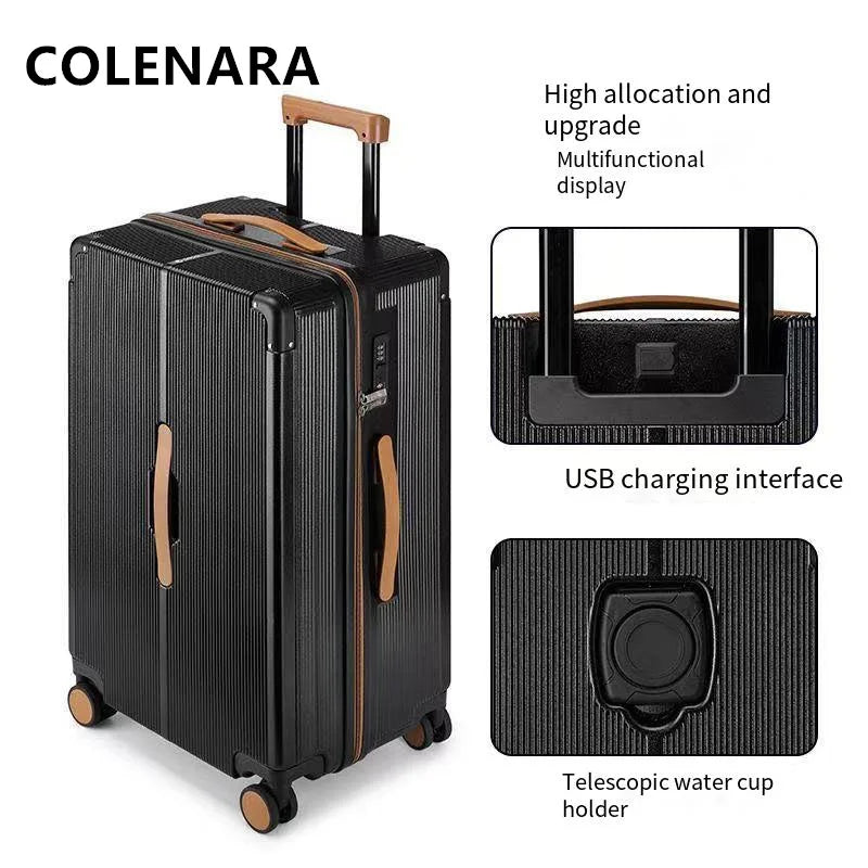 COLENARA High Quality Suitcase 20"24"26"28 Inch Boarding Box Men's Aluminum Frame Trolley Case ABS+PC Women's Zipper Luggage