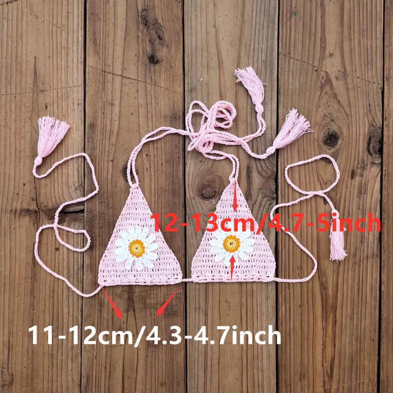 Hand crochet Cottom Thong String Daisy Applique Mini Bikini Swimwear Sunbathing Micro Swimwear