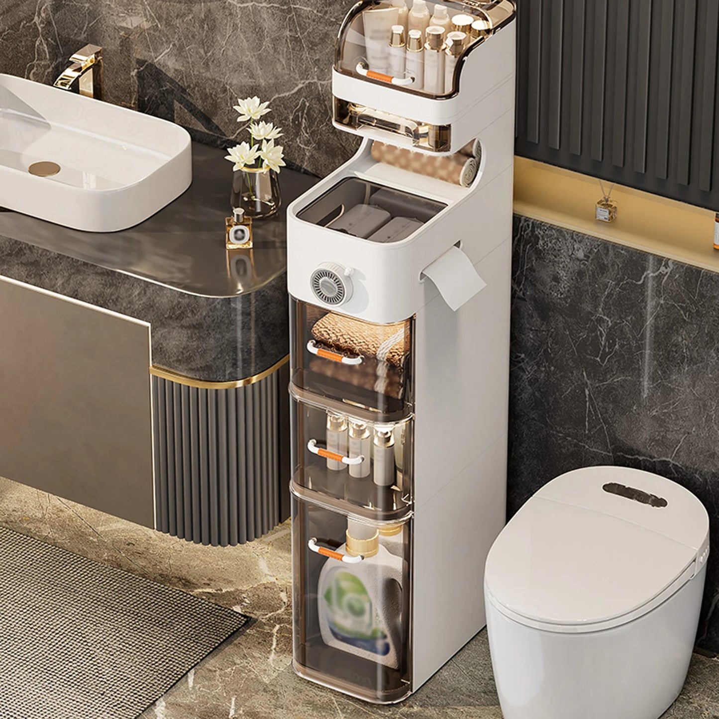 Narrow Bathroom Floor Storage Cabinet, Waterproof Plastic Slim Drawers Organizer With Tissue Box And Wheels For Kitchen Laundry