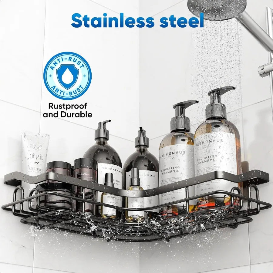 Black Corner Adhesive Shower Caddy Rustproof Stainless Steel Corner Shower Shelves for Bathroom Kitchen No Drilling Wall Mounte