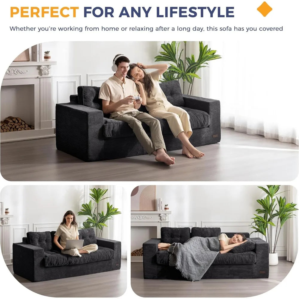 3 Seater Couch for Living Room, Boneless Couch with Tufted Cushion & Backrest, Upholstered Floor Sofa with Armrests, Sofa in A