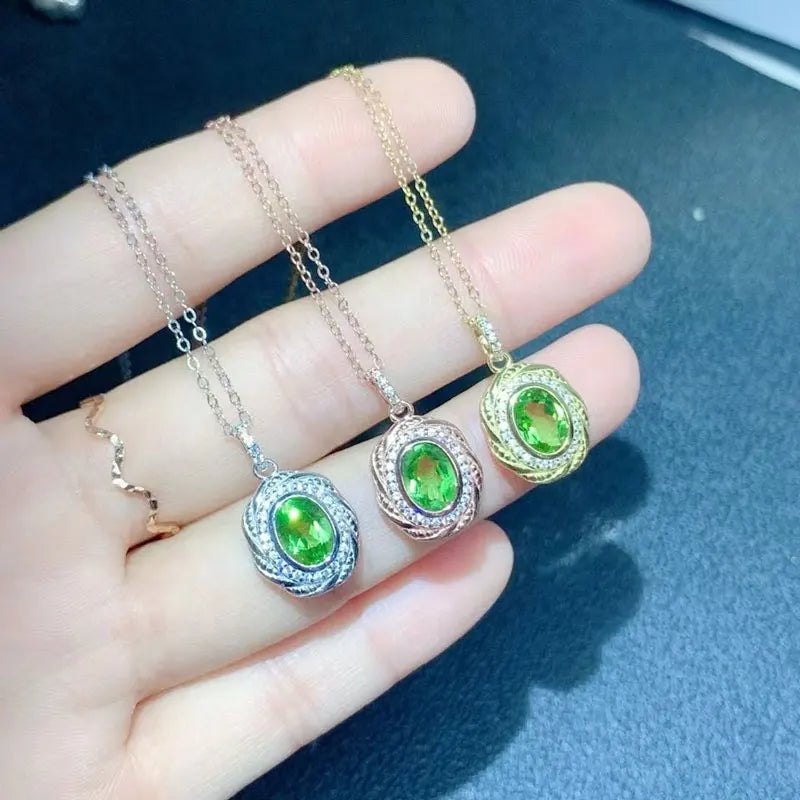 Hot Sale 925 Silver Jewelry Set with Gold Plated 6mm*8mm 2ct Natural Peridot Ring and Peridot Pendant with Silver Necklace