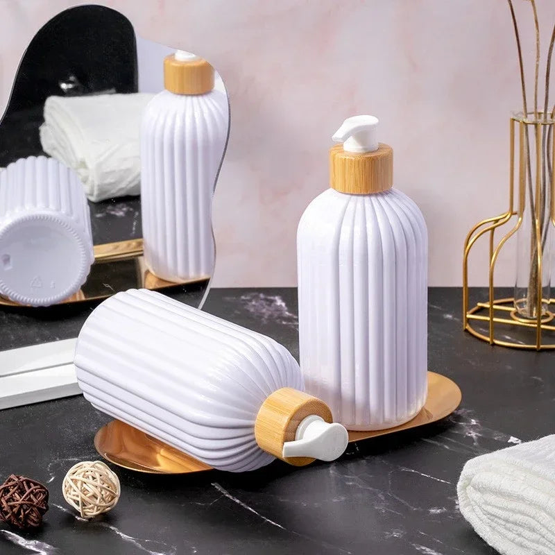 500ml Strip Soap Dispenser with Bamboo Pump Refillable Bottle Conditioner Lotion Shampoo Body Wash Empty Container for Bathroom