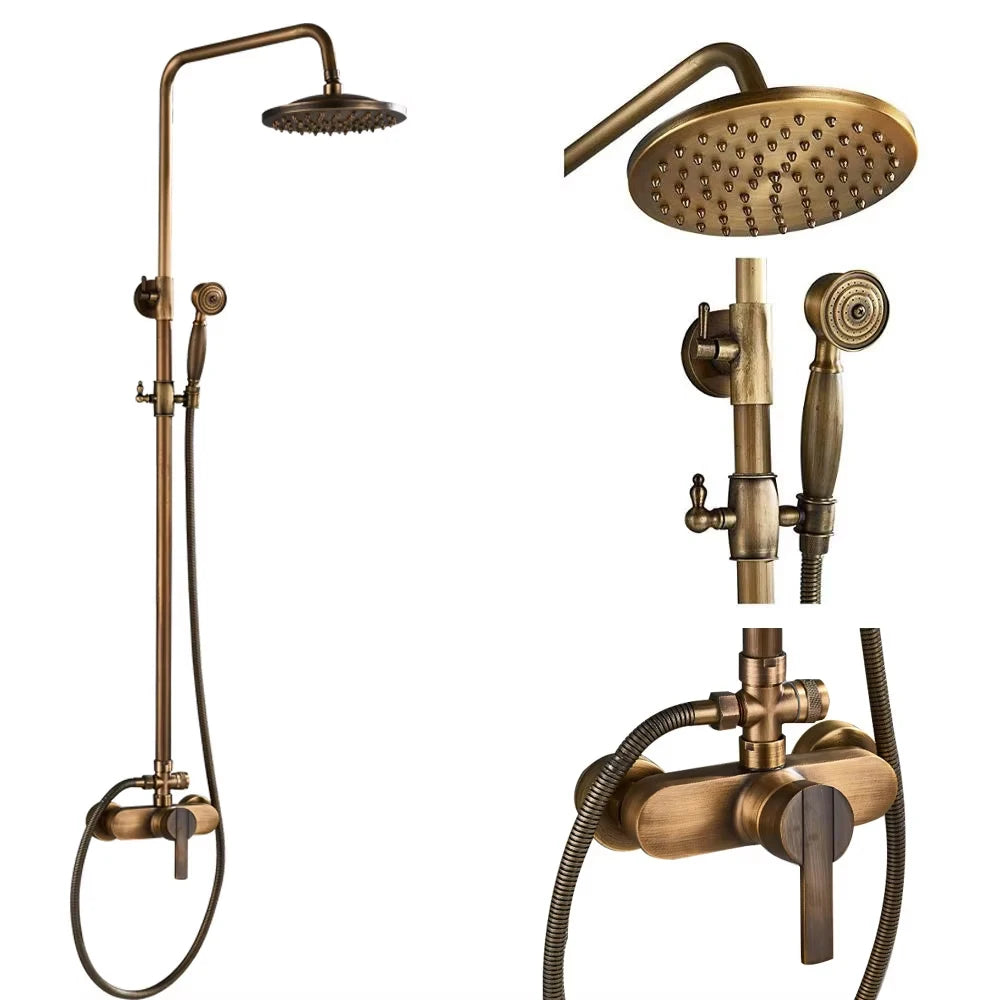 Antique Brass Bathroom Shower Faucet Sets Rainfall Head Wall Mounted Mixer Tap Hot and Cold Taps