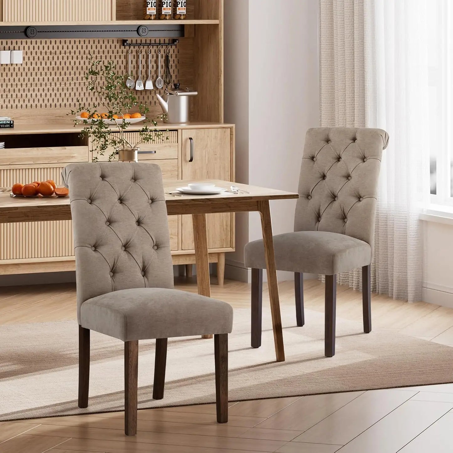 Dining Chairs Set of 6, Button Tufted Parsons Upholstered Chairs with Solid Wood Legs, Mordern Fabric Kitchen Chairs for Dining