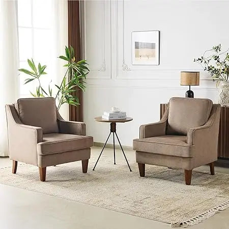 Mid-Century Accent Chairs Set of 2, Beige Upholstered Armchair Comfy Sofa Chairs Reading Chair High Back Living Room Bedroom Fu