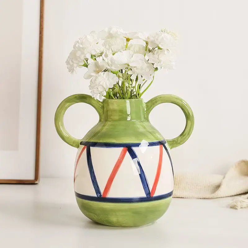 Dual Handles Ceramic Vase Modern Bohemian Home Decor Hand-Painted Vases for Flowers Living Room Decoration Weddings Parties