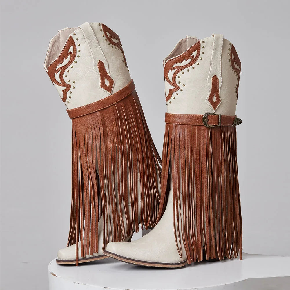 Women's Embroidered Western Cowgirl Boots Fringe Vintage Point Toe Chunky Heels Vintage Cowboy Knee High Boots For Women Farm Ou
