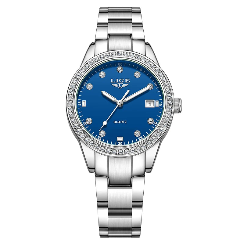 LIGE Top Brand Luxury Quartz Watches for Woman Retro Fashion Simple Elegant Calendar Casual Waterproof Diamond Women Wristwatch