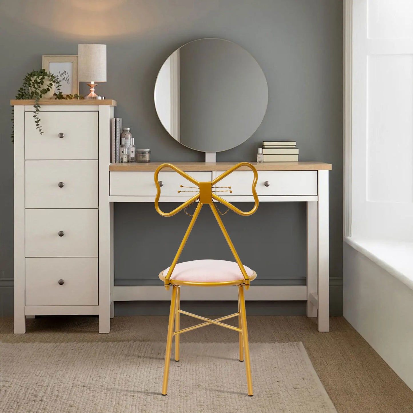 Bymaocar Butterfly-Shaped Vanity Chair,Light Pink Makeup Stool,Dining Chair with 220lbs Capacity, Elegant Bedroom Seat for Girls