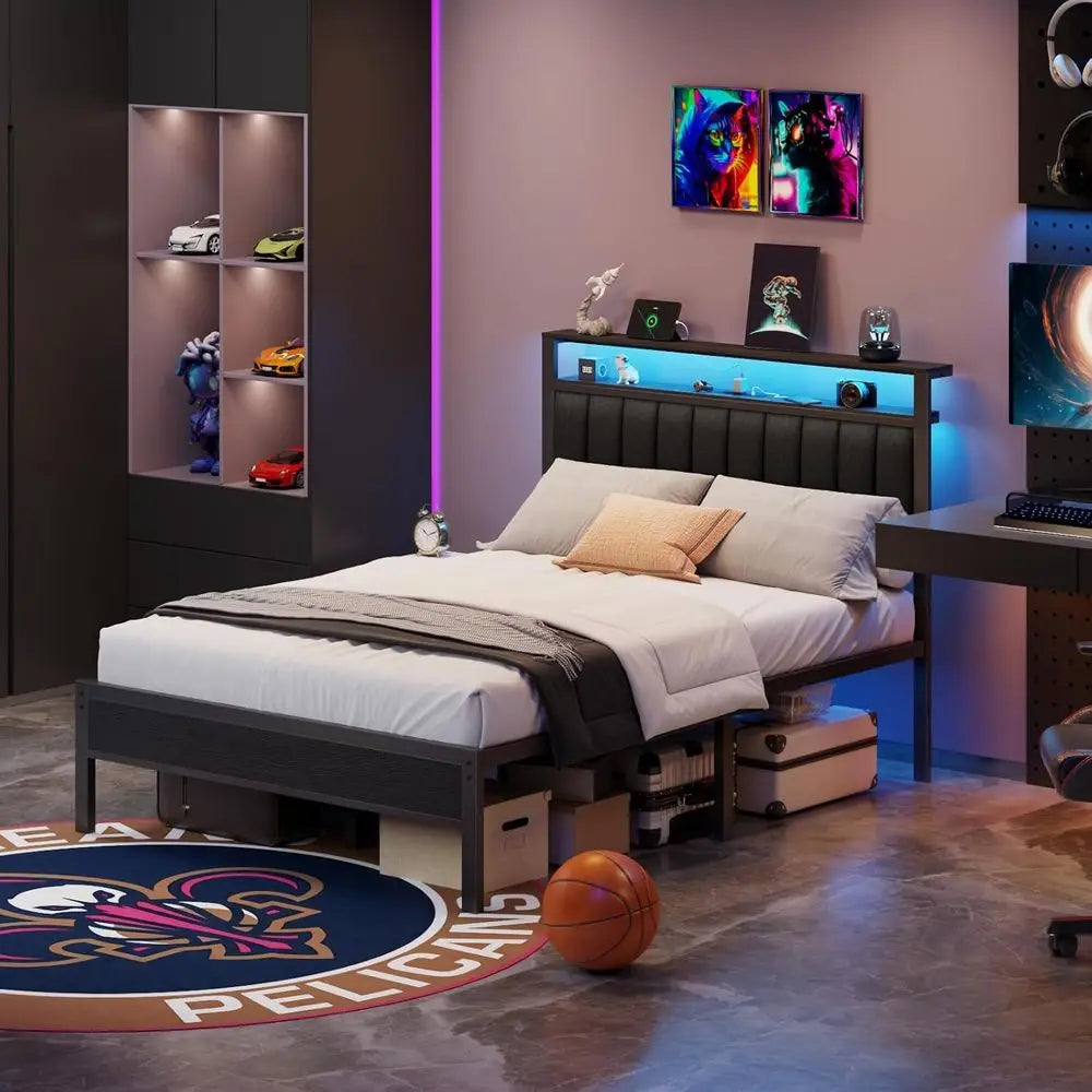 Grey Upholstered Queen Bed Frame with LED Lights, Charging Station, Storage Shelves, Metal Slats, No Box Spring Needed