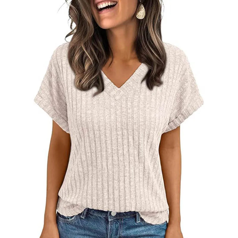 Women's Clothing Europe America All-match Knit T-shirt Summer 2025 New Casual Loose V-neck Short Sleeve Pullover Lady Solid Tops