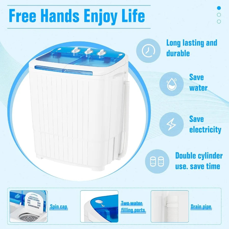 Portable Washing Machine with Longer Hose 16lbs Twin Tub Washer Mini Compact Laundry Washing Machine with Drain Pump Semiautoma