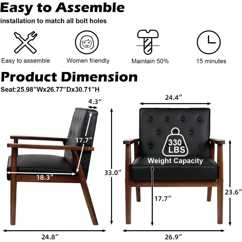 Mid Century Modern Chair, PU Leather Accent Chair Set of 2 with Wood Arms, Living Room Chairs, Reading Armchair for Bedroom, Wa