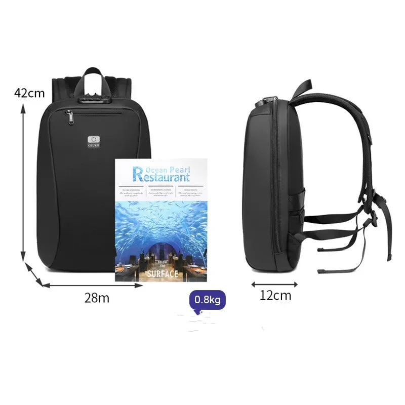OZUKO Waterproof Men's Backpack with Password Lock Computer Bag with USB Charging Leisure Travel Business Backpack