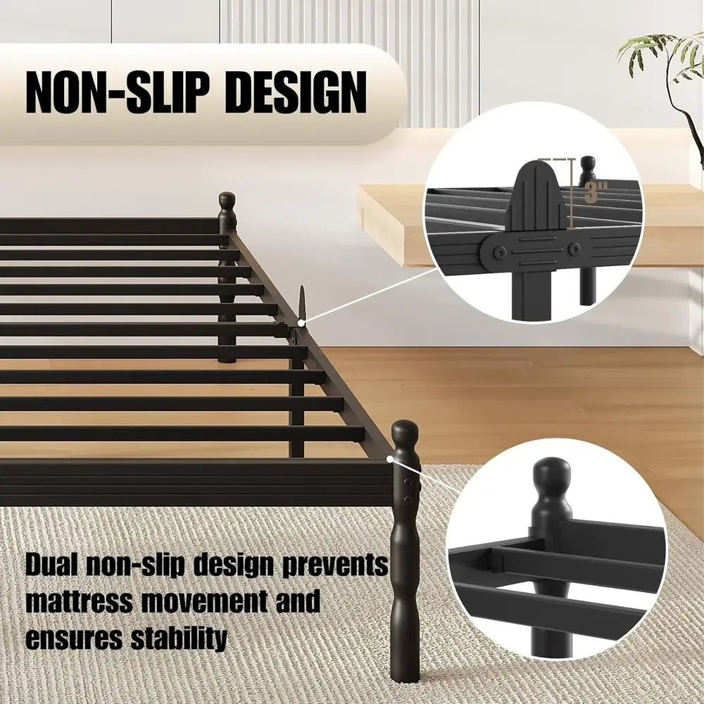King Size Metal Bed Frame with 2 Mattress Stoppers, No Box Spring Needed, Easy Assembly, Heavy Duty, Noiseless, Non-Slip