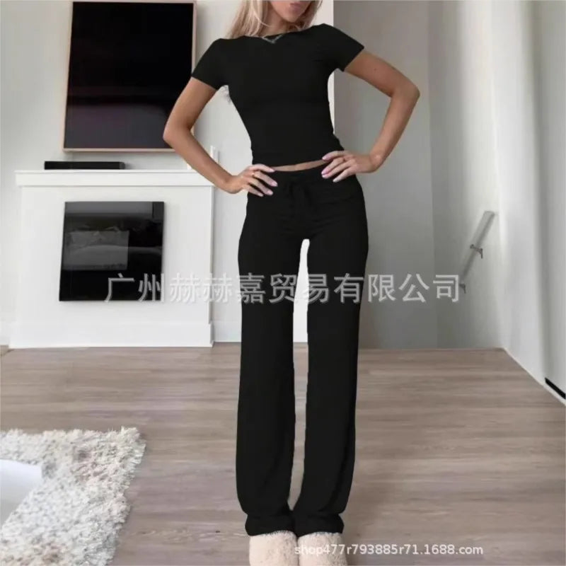 Spring Women's Two-piece Set 2025 New Casual Suit Short Sleeved Slim Fit Top Long Pants Home Wear Sportswear Yoga Wear For Women