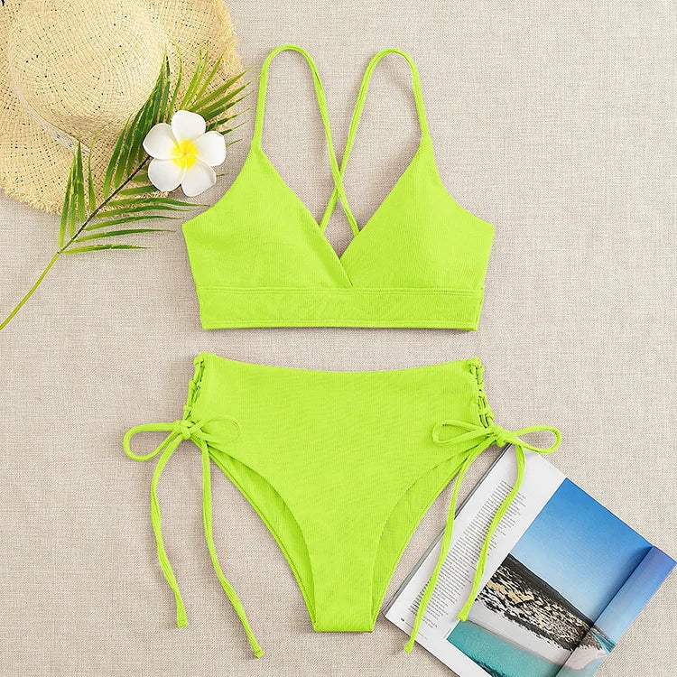 Sexy Solid V Neck Lace Up Bikinis 2 Piece Set Women Split Swimsuit High Waist Beach Bikinis 2025 New Summer Swimwear Bikinis Set