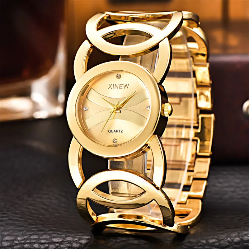 Women Big Brand Original XINEW 6438 Watches Ladies Casual Golden Luxury Quartz Bracelets Watch Relogios Feminino Fashions 2024