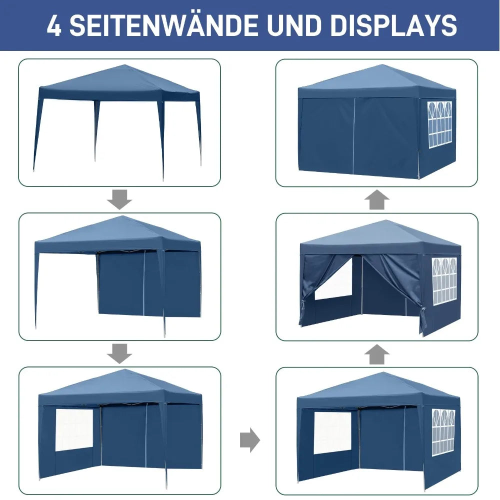 10' x 10' Folding Tent Gazebo Wedding Party Canopy Pop Up Instant Shelter W/ Two Doors & Two Windows and Carry Bag Blue