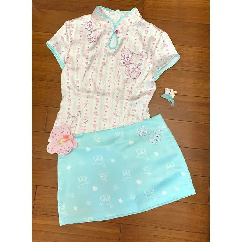 Women Clothing 2025 Two Piece Set Roupas Femme Stand Neck Short Sleeve Tops Print Bodycon Mini Skirt Outfits Sweet Summer Suit