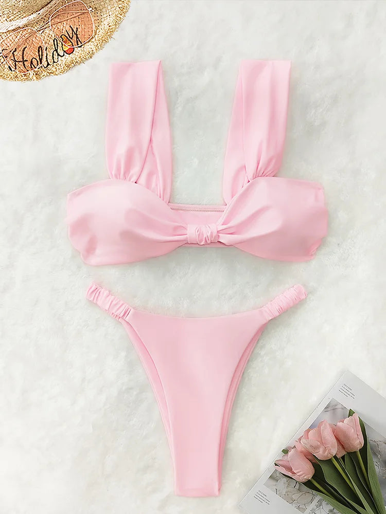 AOTVOTEE Sexy Pink Backless Bikinis 2 Piece Set Women Solid Split Swimsuit Beach Bikinis 2025 New Summer Swimwear Bikinis Set
