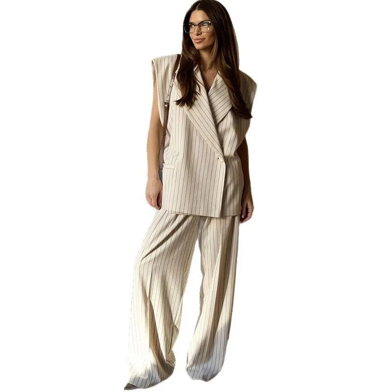 Women's Clothing 2025 Summer New Fashion Lapel Striped Vest Top Wide Leg Pants Casual Suit Temperament Commuting Two-piece Set