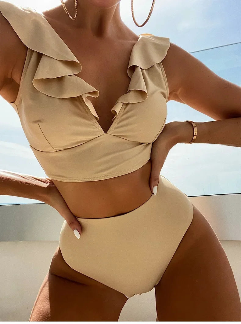2025 Women's Sexy High Waist Swimsuit Ruffle Bikinis Push Up Bikinis Set Summer Beach Wear Bathing Suit Female Solid Swimwear