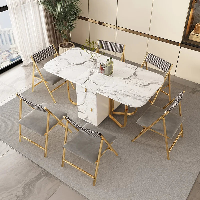 Movable Folding Dining Table with Storage Rack and 2 Drawers Extendable Versatile Kitchen Table and Metal Folding Dining Chairs