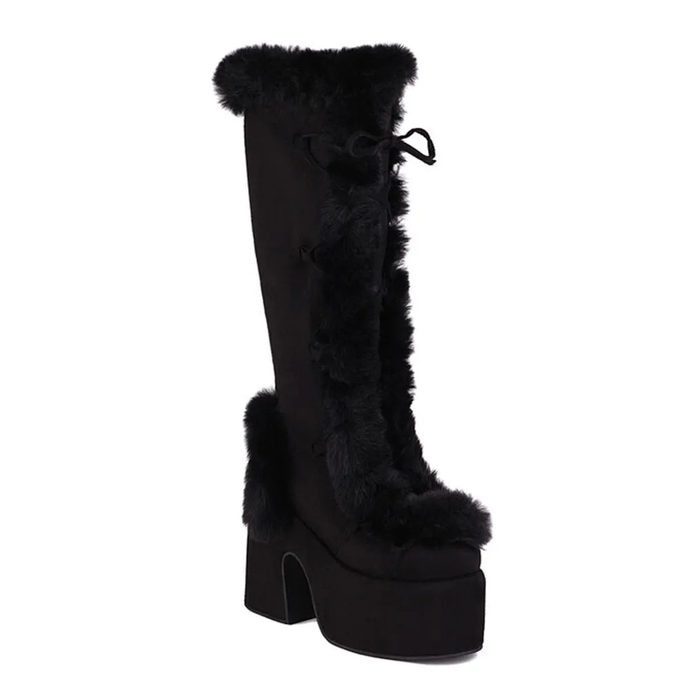 GIGIFOX Fur Super Chunky High Heel Platform Mid-Calf Boots For Women Faux Suede Round Toe Side Zipper Lace-Up Warm Casaul Boots