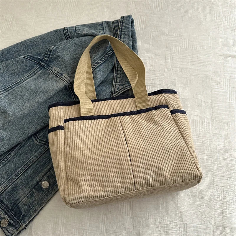Large Capacity Tote Bags for Women Vintage Corduroy Shoulder Ladies Underarm Bag Casual Shopping Female Handbag with Side Pocket