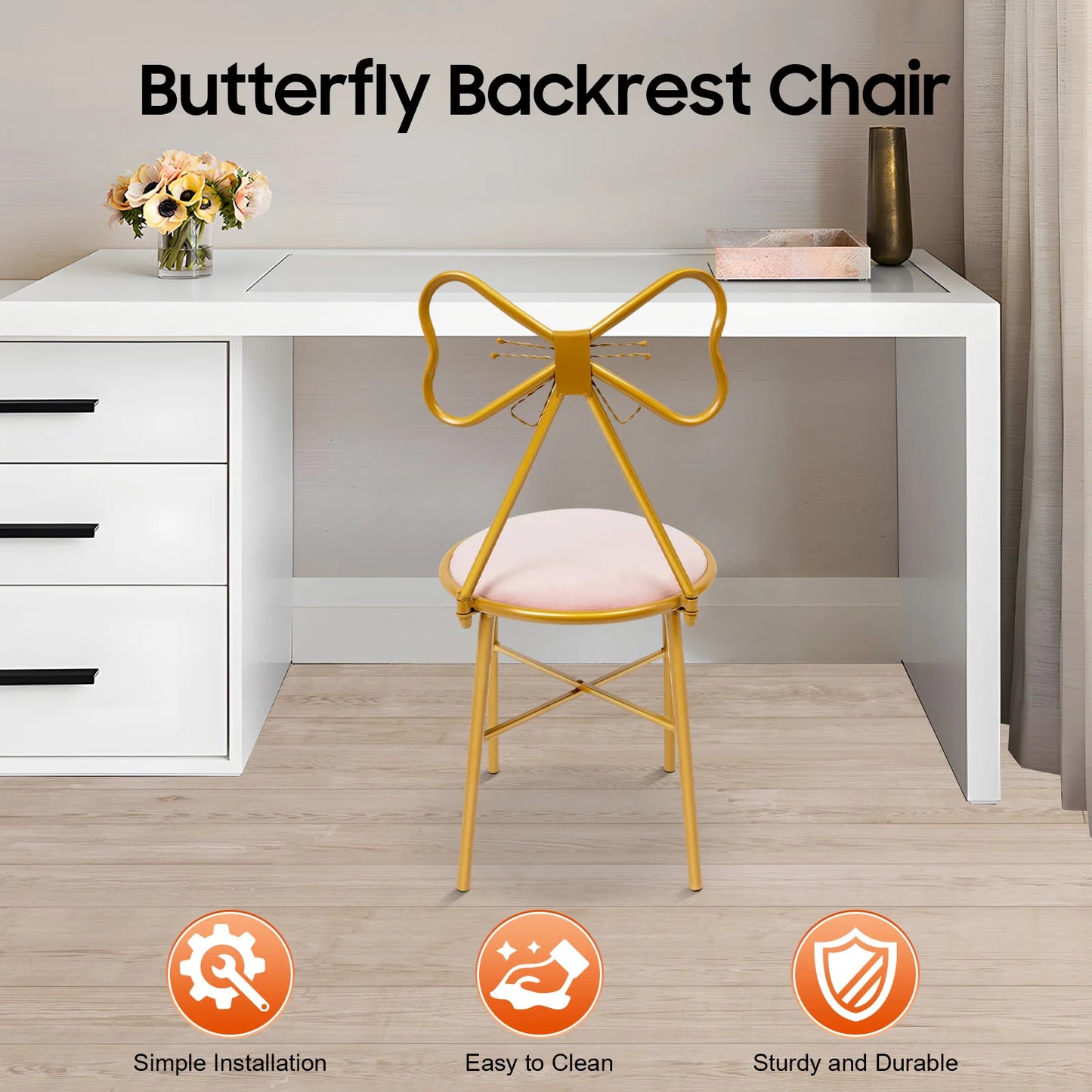 Bymaocar Butterfly-Shaped Vanity Chair,Light Pink Makeup Stool,Dining Chair with 220lbs Capacity, Elegant Bedroom Seat for Girls