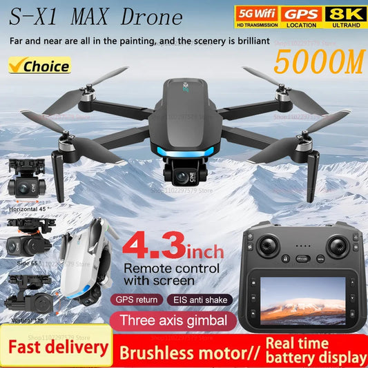 S-X1 Drone with Large Screen 3-Axis Gimbal 5G GPS 8K HD EIS Camera Quadcopter Anti-Shake Aerial Photography And Videography Gift
