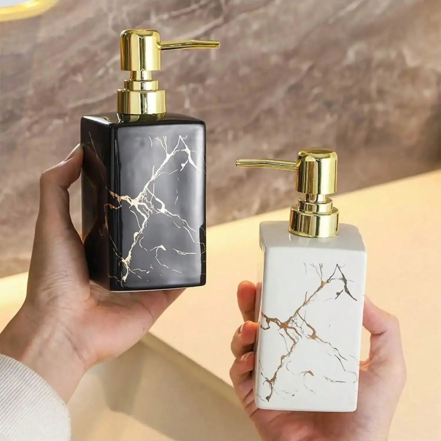 1pc 350ml Ceramic European Creative Marble Texture Refillable Press Soap Dispenser Liquid Dispenser For Bathrooms,Home,Hotels