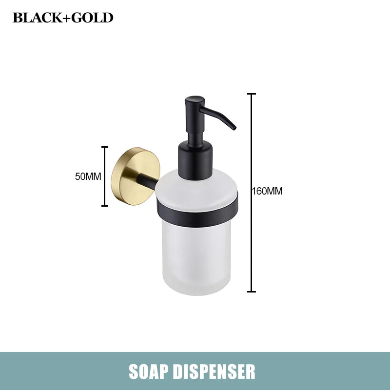 Brushed Gold Black Stainless Steel Wall-mounted Bathroom Storage Paper Towel Holder Toilet Brush Bath Robe Hook Soap Dispenser