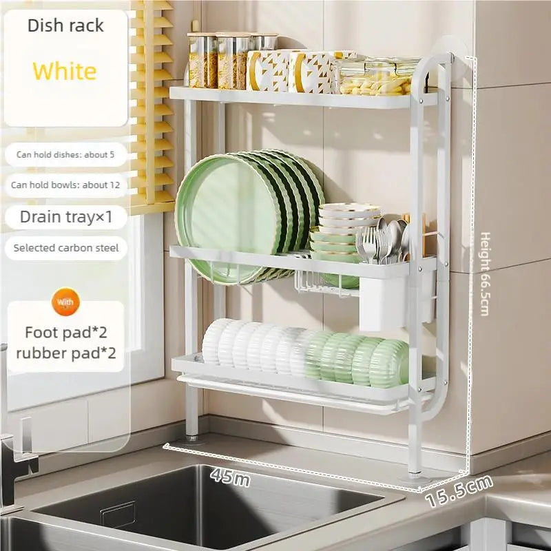 Kitchen Three Tier Dish Drainer Multifunctional Dinnerware Knives Chopsticks Cups Storage Rack Household Countertops Organizer