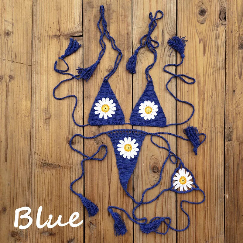 Hand crochet Cottom Thong String Daisy Applique Mini Bikini Swimwear Sunbathing Micro Swimwear