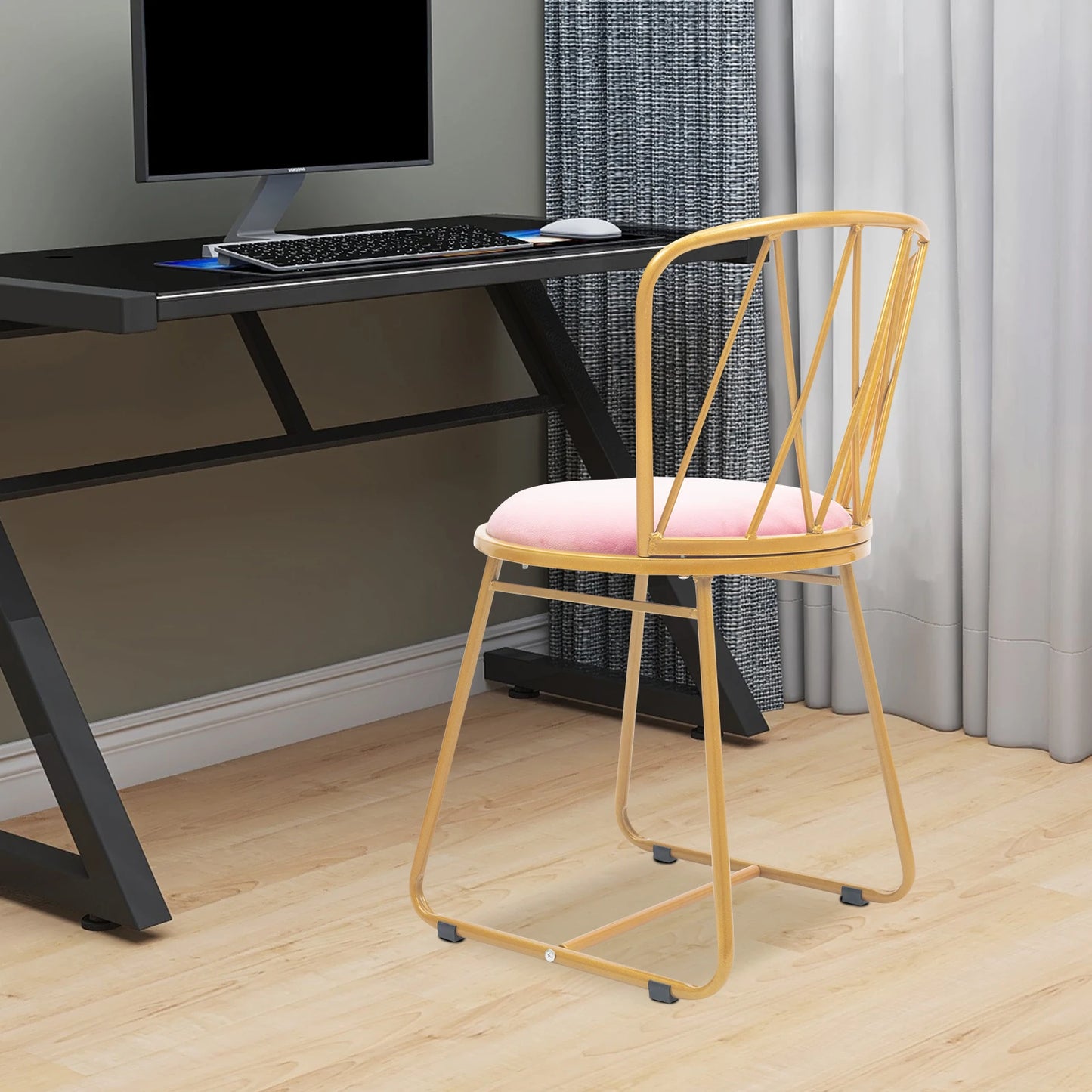 Modern Glam Vanity Stool Elegant Makeup Chair Soft Round Seat, Chic Metal Legs Light Luxury Style with Soft Cushion