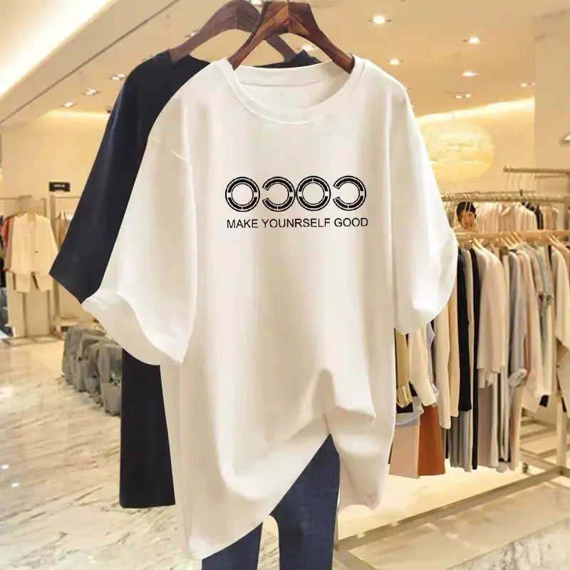 Women Clothing Chic Printed T-shirt, Summer, Pure Cotton, Short Sleeve O-neck Pullovers, Basics Tees Top