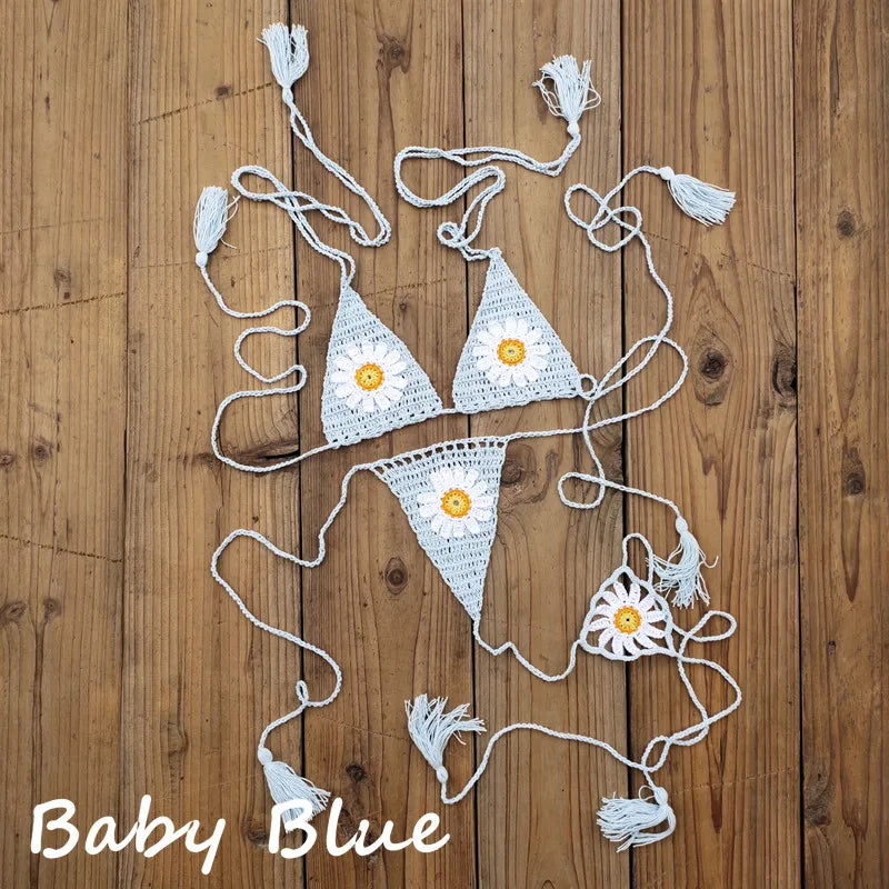 Hand crochet Cottom Thong String Daisy Applique Mini Bikini Swimwear Sunbathing Micro Swimwear