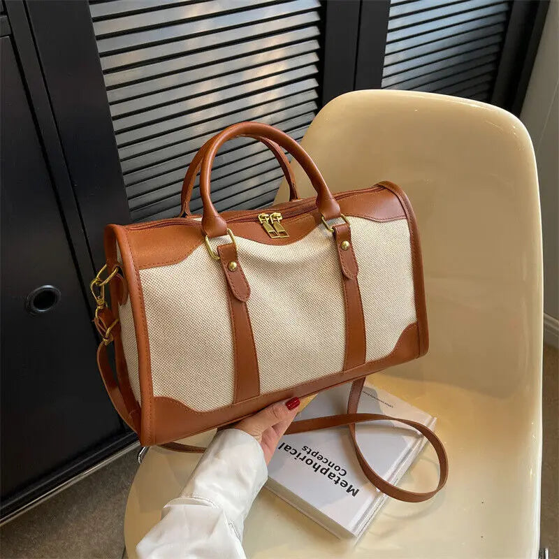 Women Travel Storage Handbag Vintage Fitness Luggage Bag Single Shoulder Crossbody Bag Large Capacity Nylon PU Leather Bag