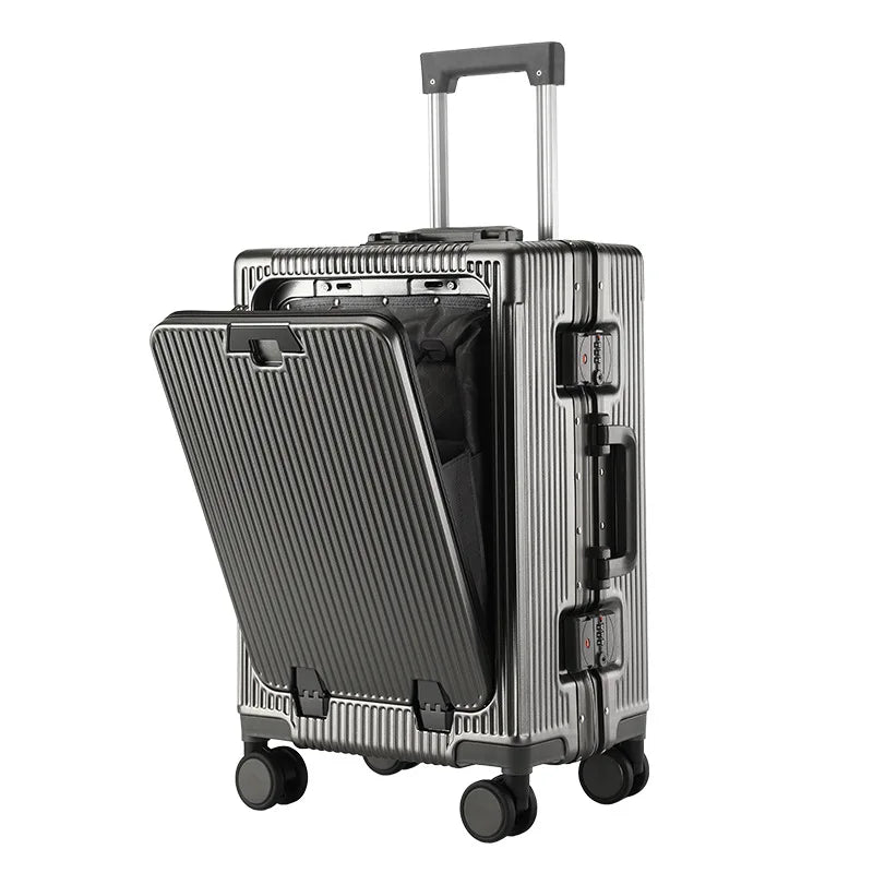 New Travel Luggage Multifunctional Aluminum Frame Trolley Suitcase with USB Cup Holder Large Capacity Bag Boarding Box Suitcase