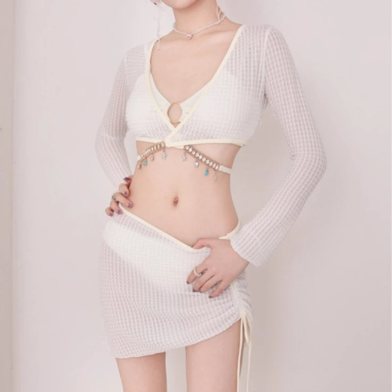 Women 4 Piece Swimsuits Triangle O Rings Bikinis Sets Bathing Suit with Cover Up Beach Wrap Skirt and Long Sleeve Crop Tops