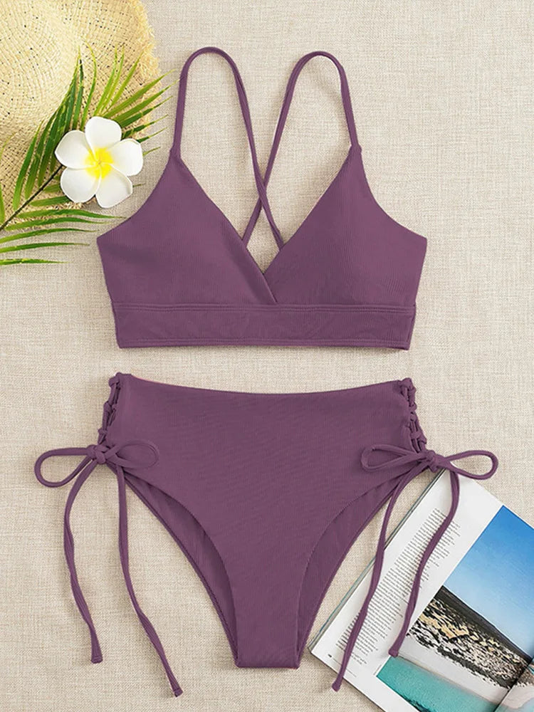 Sexy Solid V Neck Lace Up Bikinis 2 Piece Set Women Split Swimsuit High Waist Beach Bikinis 2025 New Summer Swimwear Bikinis Set