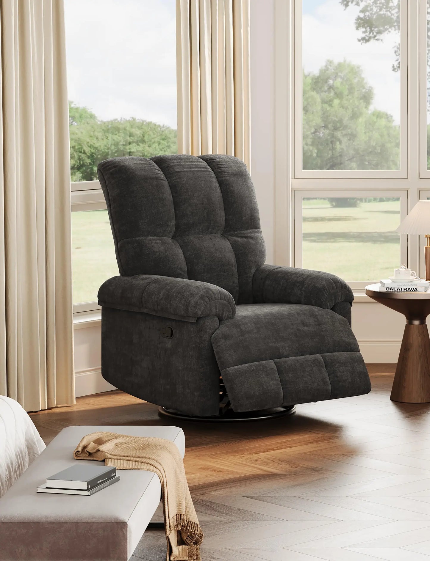 Oversized Recliner Chair, Overstuffed Soft Chenille Swivel Rocker Recliner with Padded Armrests, Comfortable Nursery Rocking