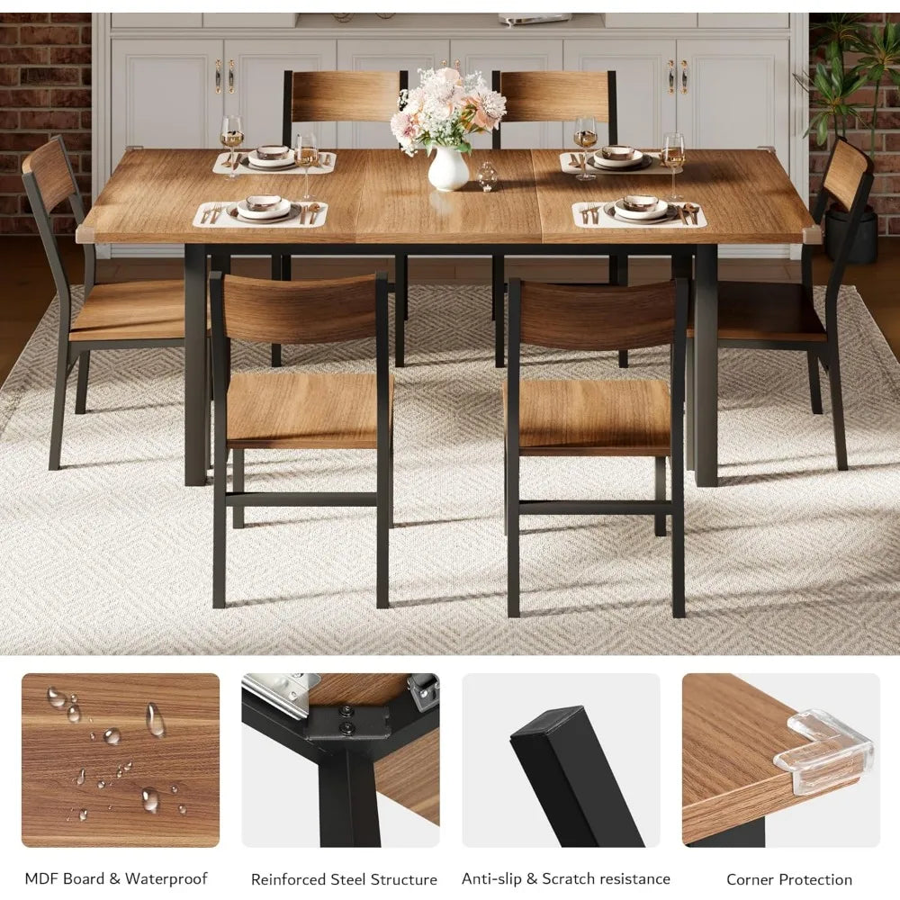 6-8 Seater Dining Table Set with 6 Chairs, 63" Extendable Kitchen Table Set, Solid Metal Frame Dining Room Table