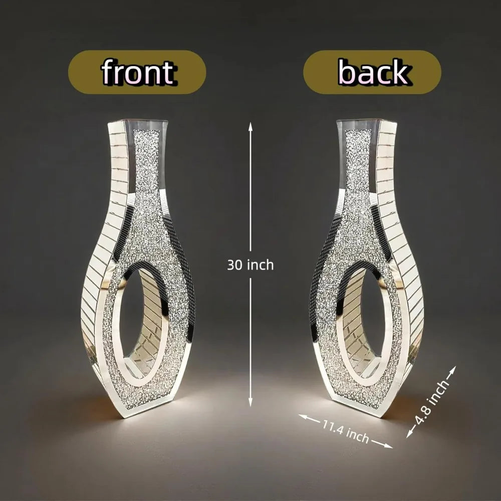 Pair of 30-Foot Tall Crushed Diamond Effect Floor Vases - Large Silver Mirrored Crystal Vases for Living Room Decor